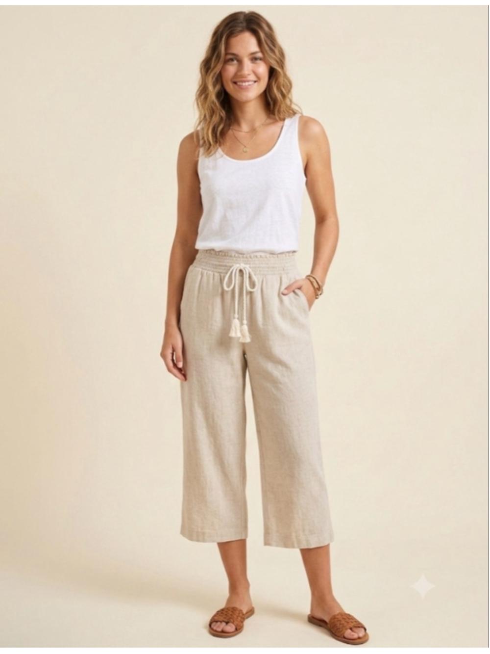 Cynthia Rowley Beige Linen Cropped Wide Leg Pants L